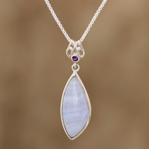 Agate and Amethyst Pendant Necklace from India 'Lacy Blue'