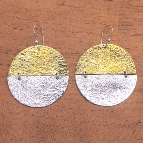 Circular Sterling Silver and Brass Dangle Earrings from Bali 'In Between'
