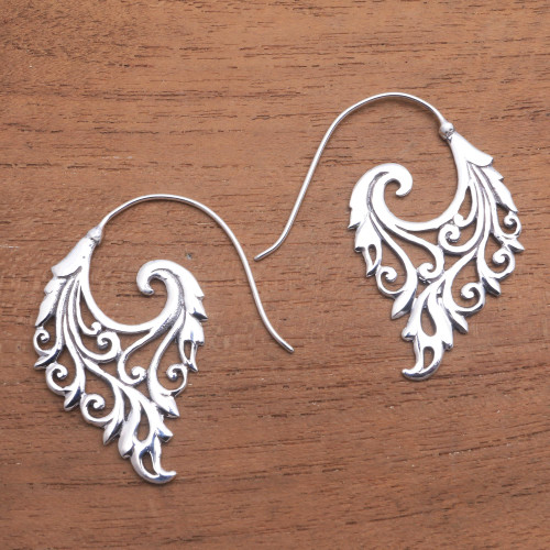 Vine Motif Sterling Silver Half-Hoop Earrings from Bali 'Exciting Vines'