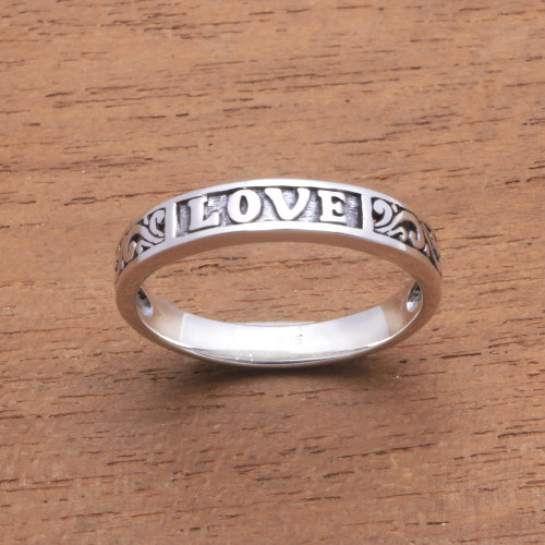 Love-Themed Sterling Silver Band Ring from Bali 'Love Swirls'