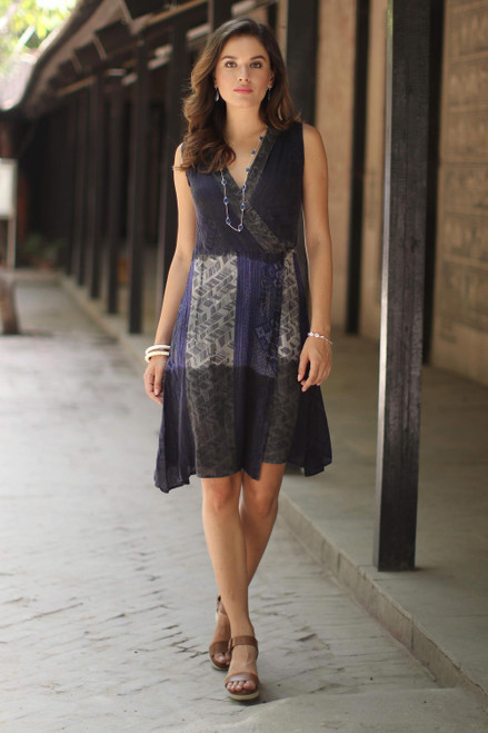 Crinkle Rayon Blue and Taupe Wrap Dress 'Blue Fusion'