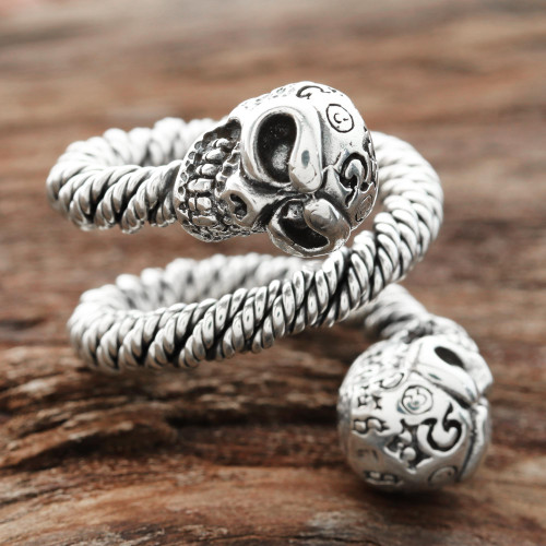 Sterling Silver Skull Wrap Ring from India 'Snaking Skulls'