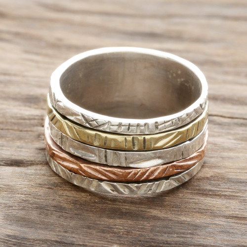 Patterned Sterling Silver Spinner Ring with Brass and Copper 'Moving Patterns'