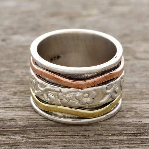 Floral Sterling Silver Spinner Ring with Brass and Copper 'Blossom Delight'