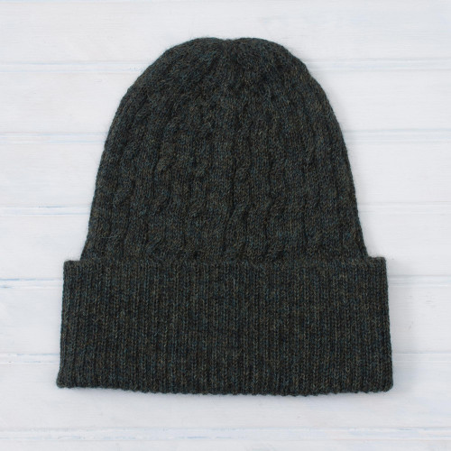 Cable-Knit 100 Alpaca Hat in Moss from Peru 'Moss Braid Cascade'