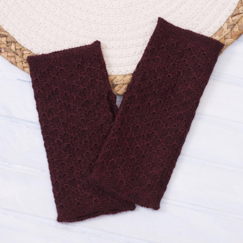 Patterned 100 Baby Alpaca Fingerless Mitts in Maroon 'Passionate Pattern in Maroon'
