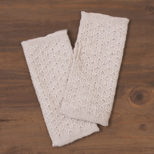 Patterned 100 Baby Alpaca Fingerless Mitts in Ivory 'Passionate Pattern in Ivory'