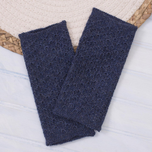 Patterned 100 Baby Alpaca Fingerless Mitts from Peru 'Passionate Pattern in Indigo'
