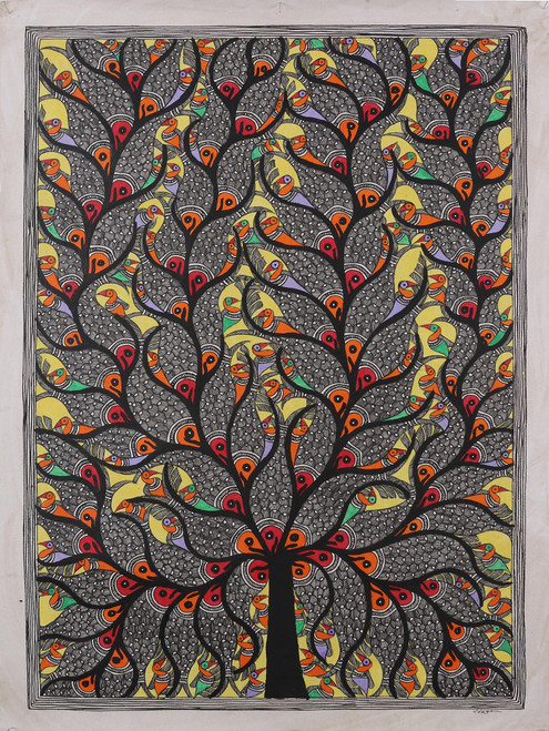 Madhubani Painting of Fish and Birds in a Tree from India 'Fish  Bird Harmony'