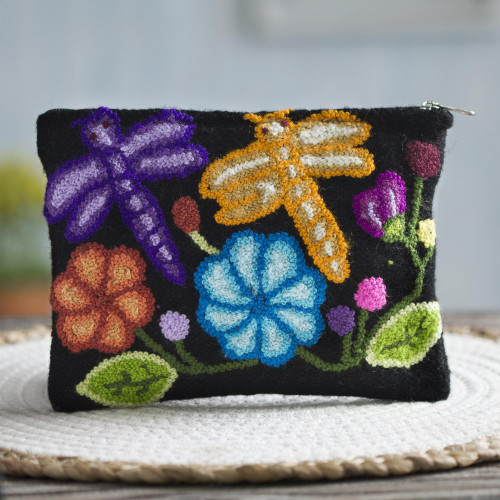 Dragonfly Pattern Embroidered Wool Clutch from Peru 'Dragonflies in Nature'