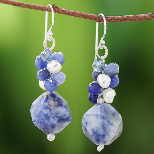 Lapis Lazuli and Cultured Pearl Beaded Cluster Earrings 'Beautiful Glam'