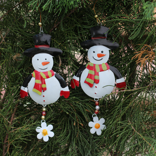 Handcrafted Steel Snowman Ornaments from Bali Pair 'Snowman Delight'