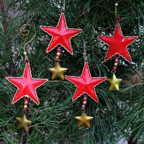 Handmade Steel Star Ornaments from Bali Set of 4 'Passionate Stars'