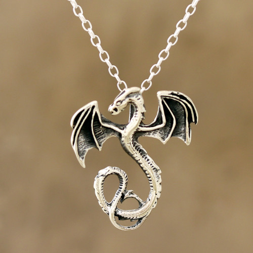 Combination-Finish Sterling Silver Dragon Necklace 'Spread Dragon'