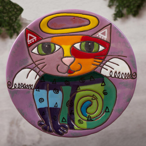 Handcrafted Ceramic Angel Cat Wall Art from Mexico 'Angelic Kitty'
