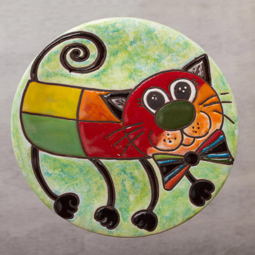 Whimsical Cat-Themed Ceramic Wall Art from Mexico 'Bow Tie Cat'