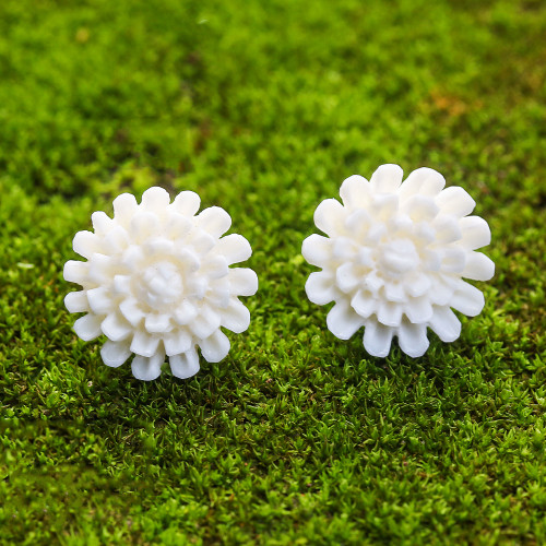 Hand-Carved Bone Lotus Flower Button Earrings from Bali 'Fantastic Padma'