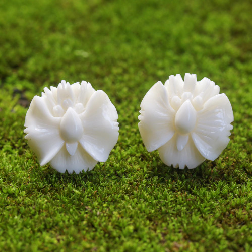 Hand-Carved Bone Orchid Button Earrings from Bali 'Fantastic Orchids'