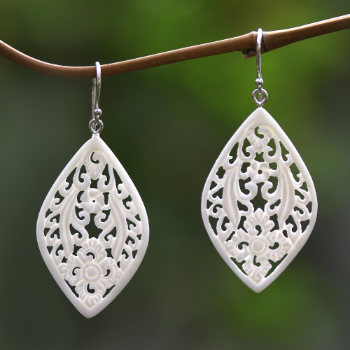 Hand-Carved Floral Bone Dangle Earrings from Bali 'Bali Windows'