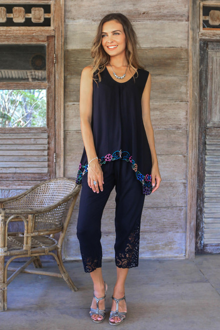 Floral Embroidered Rayon Blouse in Black from Bali 'Flower Colors in Black'