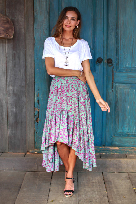 Batik Rayon Skirt in Green and Magenta from Bali 'Gingko Leaf'