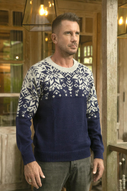 Snowflake Pattern Men's 100 Alpaca Pullover from Peru 'Snowflake Dimension'