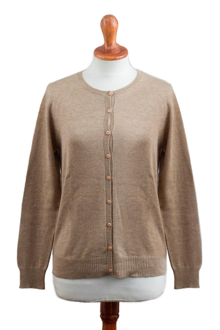 Cotton Blend Cardigan in Taupe from Peru 'Simple Style in Taupe'