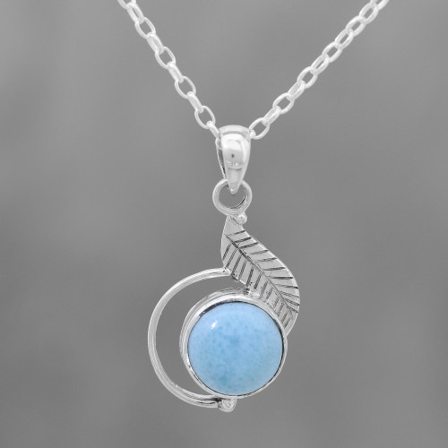Leaf-Themed Larimar Pendant Necklace from India 'Charismatic Leaf'
