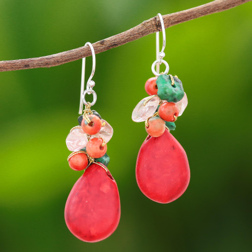 Multi-Gemstone Beaded Dangle Earrings Crafted in Thailand 'Summer Fire'