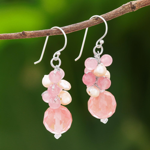 Pink Quartz and Cultured Pearl Beaded Dangle Earrings 'Soft Pink Love'