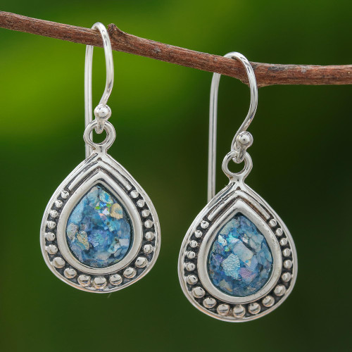 Drop-Shaped Roman Glass Dangle Earrings from Thailand 'Ancient Teardrops'