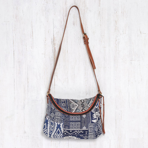 Leather Accented Patchwork Cotton Blend Sling from Thailand 'Lanna Patchwork'