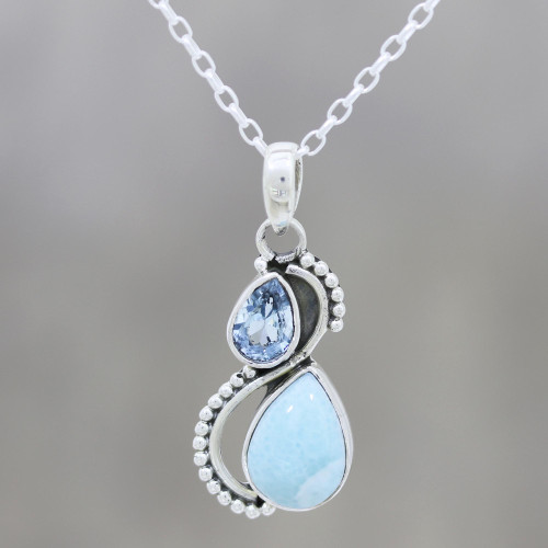 Blue Topaz and Larimar Teardrop Pendant Necklace from India 'Two Teardrops'