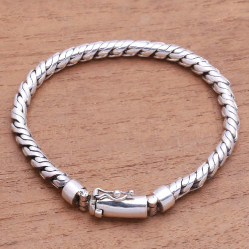 Unisex Sterling Silver Unique Link Chain Bracelet from Bali 'Twining'