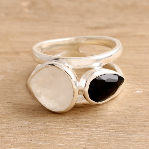Rainbow Moonstone and Onyx Teardrop Cocktail Ring from India 'Teardrop Union'