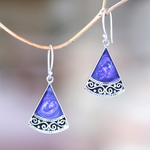 Sterling Silver and Purple Resin Dangle Earrings from Bali 'Mystical Triangles'
