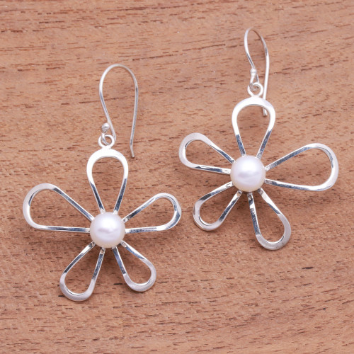Floral Cultured Pearl Dangle Earrings Crafted in Bali 'Flower's Center'
