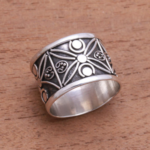 Patterned Sterling Silver Band Ring from Bali 'Encircled with Beauty'