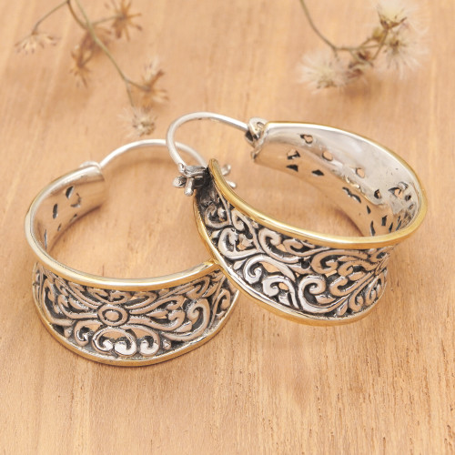 Gold Accented Sterling Silver Hoop Earrings from Bali 'Between Sunlight' Gold Accented Sterling Silver Hoop Earrings from Bali 'Between Sunlight'