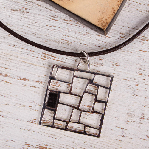 Modern Sterling Silver and Wood Pendant Necklace from Mexico 'Modern Lattice'