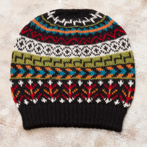 Multi-Color 100 Alpaca Knit Hat with Geometric Motifs 'Motif Medley'