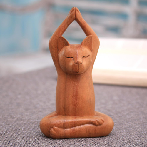 Hand Crafted Wood Sculpture from Indonesia 'Toward the Sky Brown Yoga Cat'