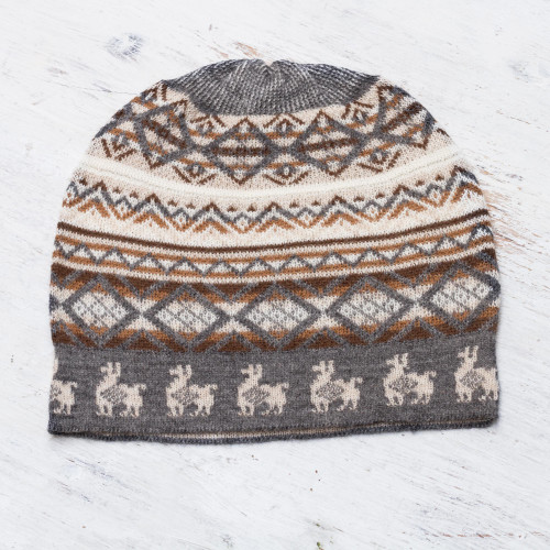 Off-White Brown and Grey Diamond Motif Alpaca Blend Knit Hat 'Alpaca Mountain'