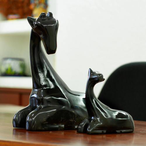 Marble Mother and Child Giraffe Sculptures Pair 'Giraffe Mother in Black'