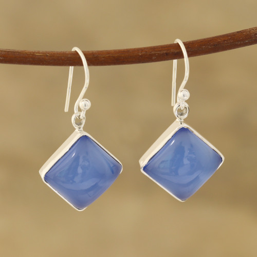 Square Blue Chalcedony Dangle Earrings Crafted in India 'Sky Squares'