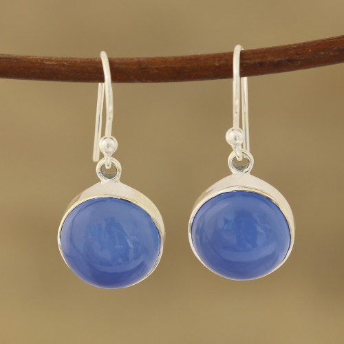 Round Blue Chalcedony Dangle Earrings Crafted in India 'Round Sky'