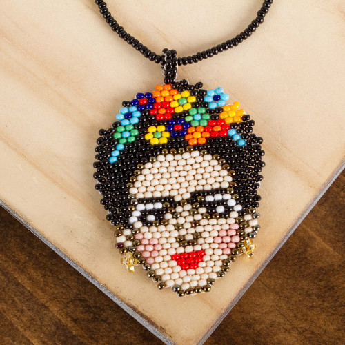 Frida-Themed Glass Beaded Pendant Necklace from Mexico 'Fantastic Frida'