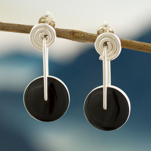 Obsidian Circle and Sterling Silver Spiral Dangle Earrings 'Mesmerizing Midnight'