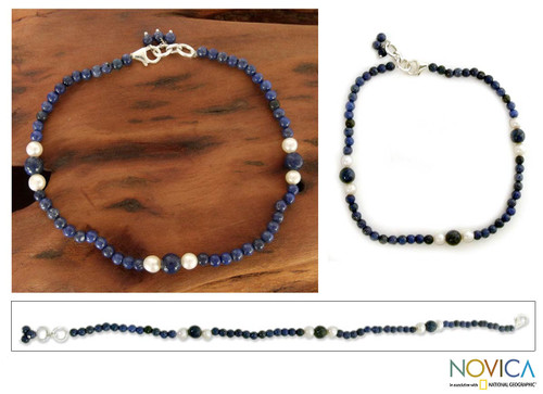 Lapis lazuli and pearl beaded anklet 'Mystic Truth'