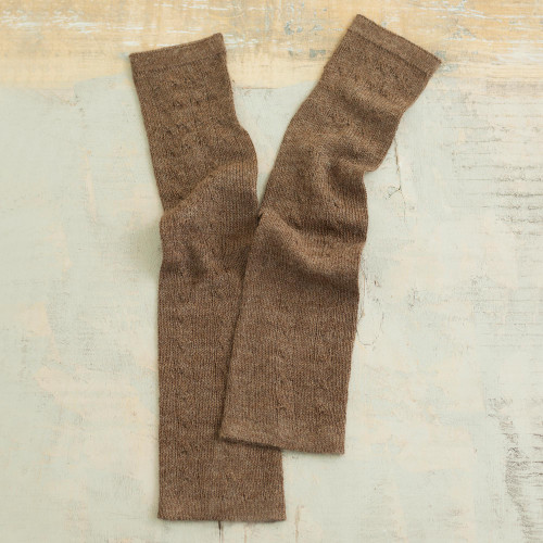 Chestnut Brown 100 Baby Alpaca Cable Knit Fingerless Mitts 'Luscious Twist in Chestnut'
